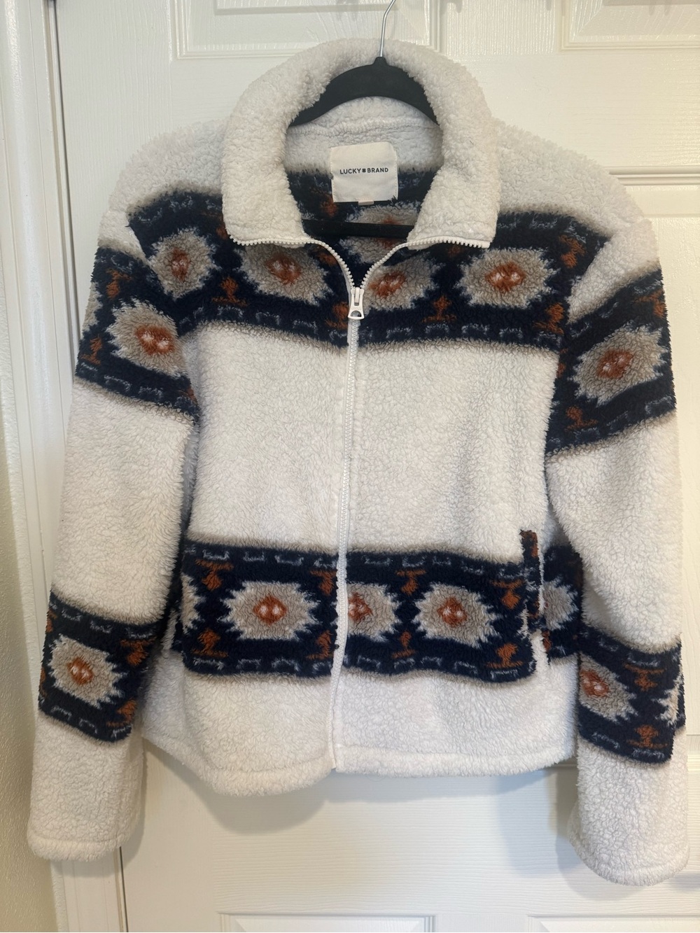 Lucky Brand Cream Sherpa Jacket with Navy and Brown Aztec Pattern